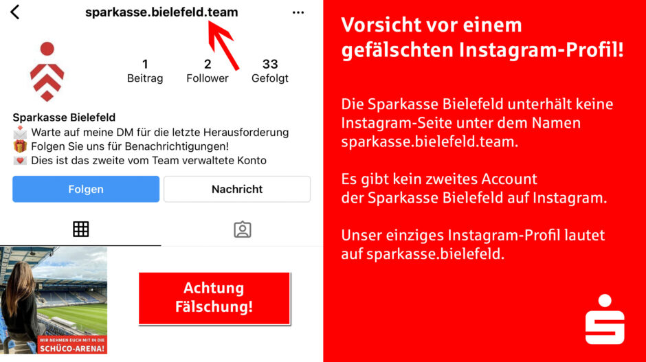 Gefälschtes Instagram-Profil der Sparkasse Bielefeld aufgetaucht!
