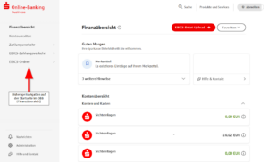 Abbildung der bisherigen Navigation auf der Startseite des Online-Banking Business. Im Menü auf der Startseite werden alle Funktionen unabhängig davon, ob sie für bestimmte Konten zur Verfügung stehen, angezeigt.